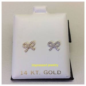 14k-Yellow-or-White- Real Gold-Bow-Stud-CZ Earrings--Baby/Children-Safe-Screwbacks