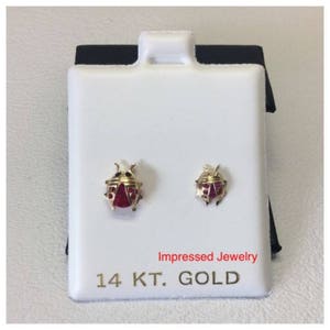 14K Yellow real Gold Round Cubic CZ Red Lady Bugs Screwback Stud small medium Earring