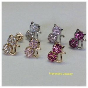 14K Gelb / Weiß echt Gold Frauen Mädchen Micro Pave Cat Kitty Farbe CZ Schraube zurück Ohrstecker