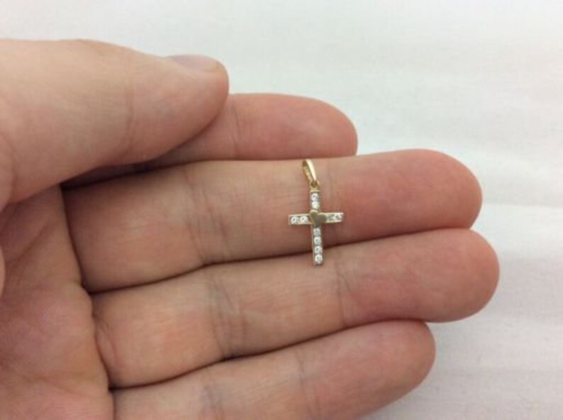 14K Real yellow Gold small heart Cross Charm Pendant Cubic Zirconi Baby Children