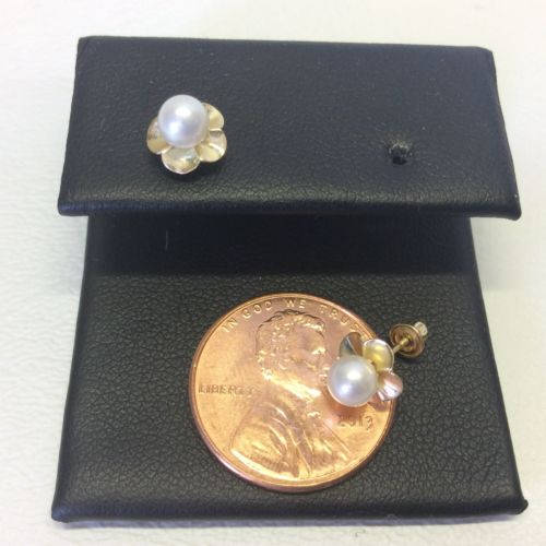 14K Yellow/white Real Gold Fresh Water Flower White Pearl Screw Back Stud Earrings - Ireland