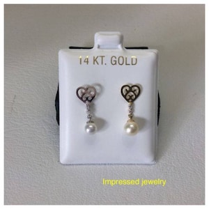14K Yellow/White real Gold Fresh Water Pearl Hanging drop Screw Back Stud Earrings