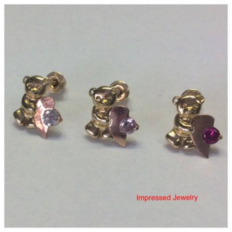 14k Yellow Real Gold Color CZ Teddy Bear Stud Earrings With - Etsy