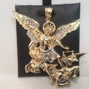 10k Yellow real Gold Solid Men's 2 Tone Saint Michael Archangel and the Devil Pendant 24.30gr