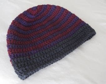 Purple, burgundy and gray spiral striped design crochet wool winter hat