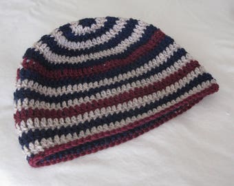 Blue, burgundy and beige spiral striped design crochet wool winter hat