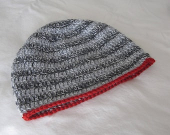 Lt. gray, dk. gray & red spiral striped design crochet wool winter hat