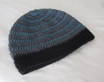 Green, gray & black spiral striped design crochet wool winter hat