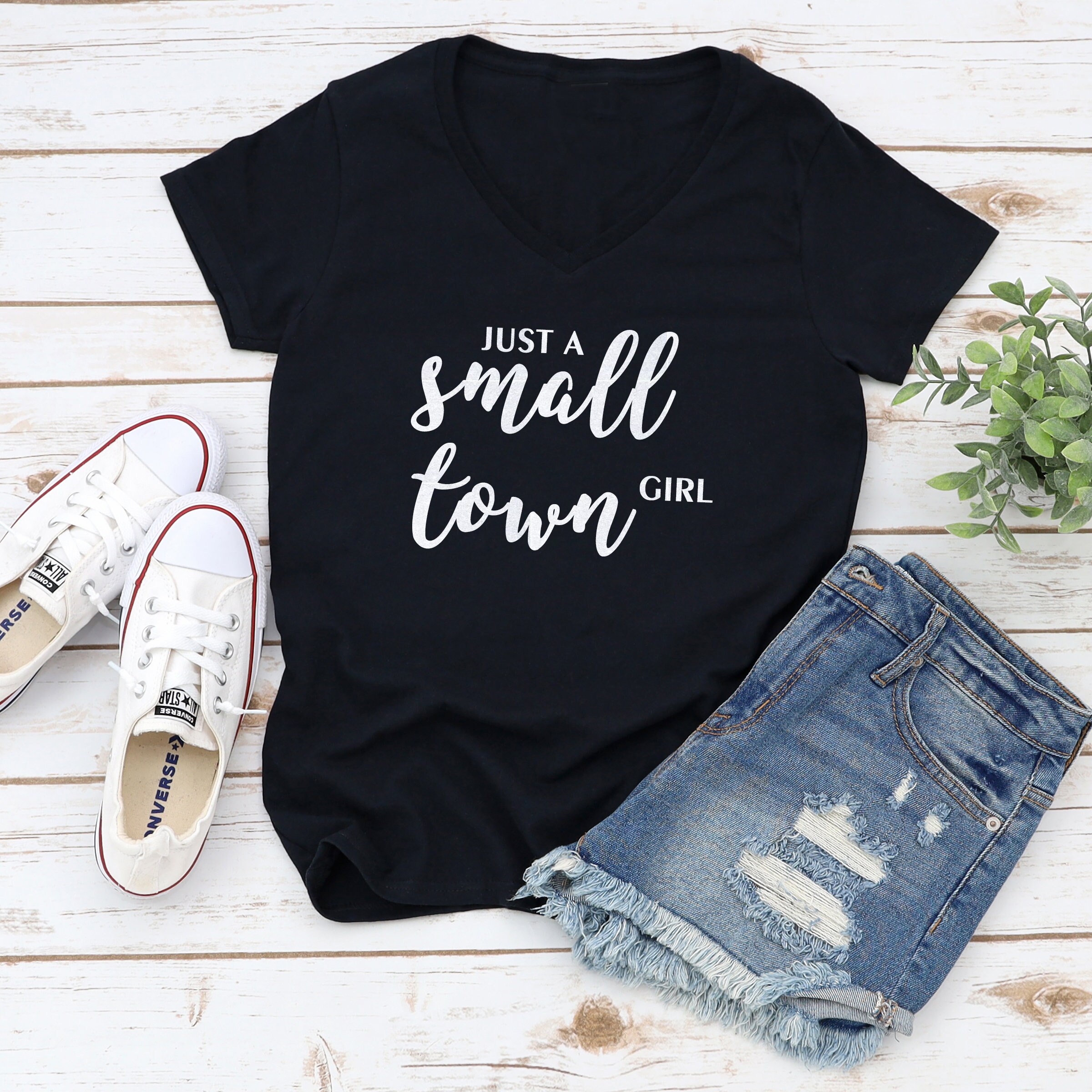Just a Small Town Girl Ladies Glitter Short Sleeve V Neck T Shirt Tee Funny Country South