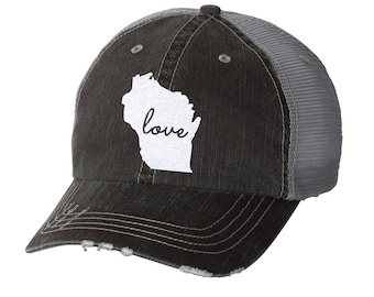 State of Wisconsin Love Distressed Ladies Baseball Hat | Mesh | Trucker | State Pride | Home | WI