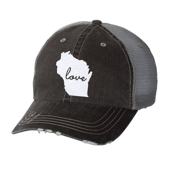 State of Wisconsin Love Distressed Ladies Baseball Hat | Mesh | Trucker | State Pride | Home | WI