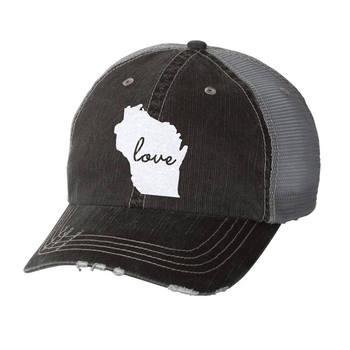 State of Wisconsin Love Distressed Ladies Baseball Hat | Mesh | Trucker | State Pride | Home | Wi