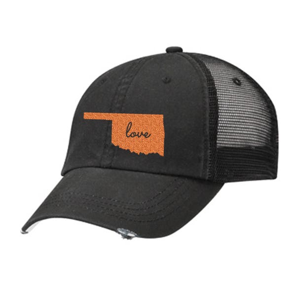 State of Oklahoma Love Distressed Ladies Baseball Hat | Mesh | Trucker | State | OK