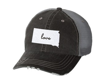 State of South Dakota Love Distressed Ladies Baseball Hat | Mesh | Trucker | State Pride | Home | SD