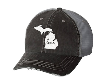 State of Michigan Love Distressed Ladies Baseball Hat | Mesh | Trucker | State Pride | Home