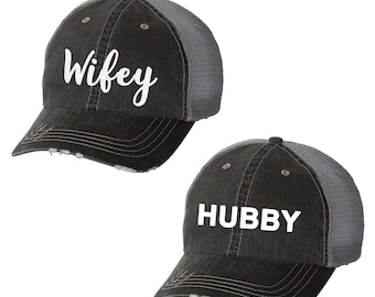 Wifey & Hubby Distressed Baseball Hats | Mesh | Trucker | Funny | Bride | Newlywed | Wedding | Bachelorette | Just Married