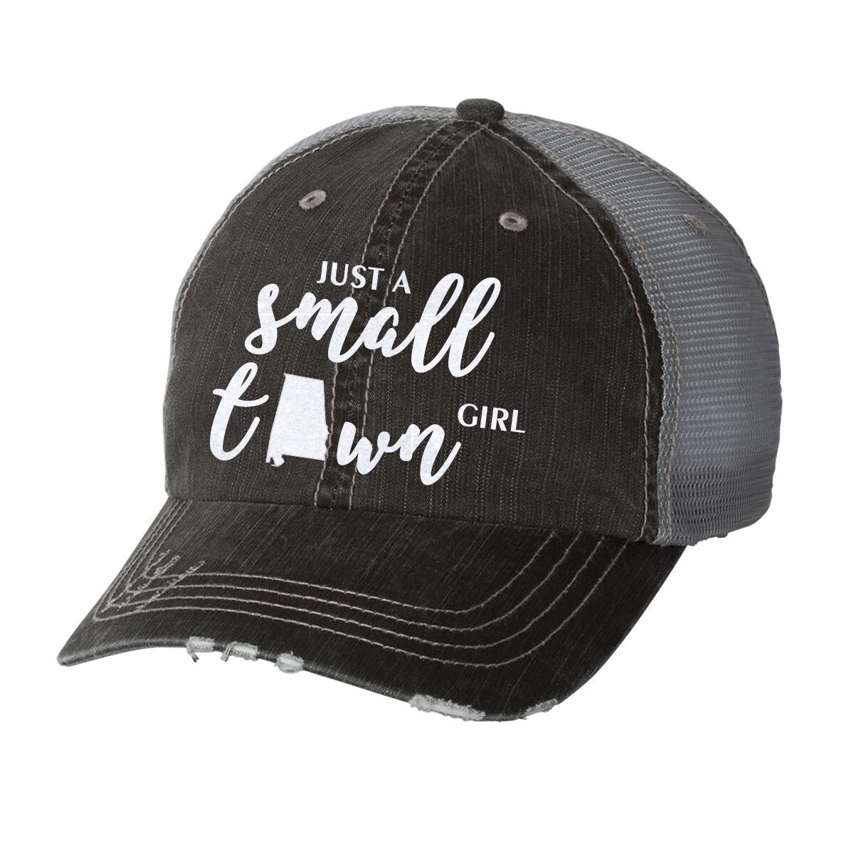 Just A Small Town Girl Alabama Distressed Ladies Baseball Hat Mesh Trucker Country Song Lyrics AL South Just A Small Town Girl Alabama Distressed Ladies Baseball Hat Mesh Trucker Country Song Lyrics AL South