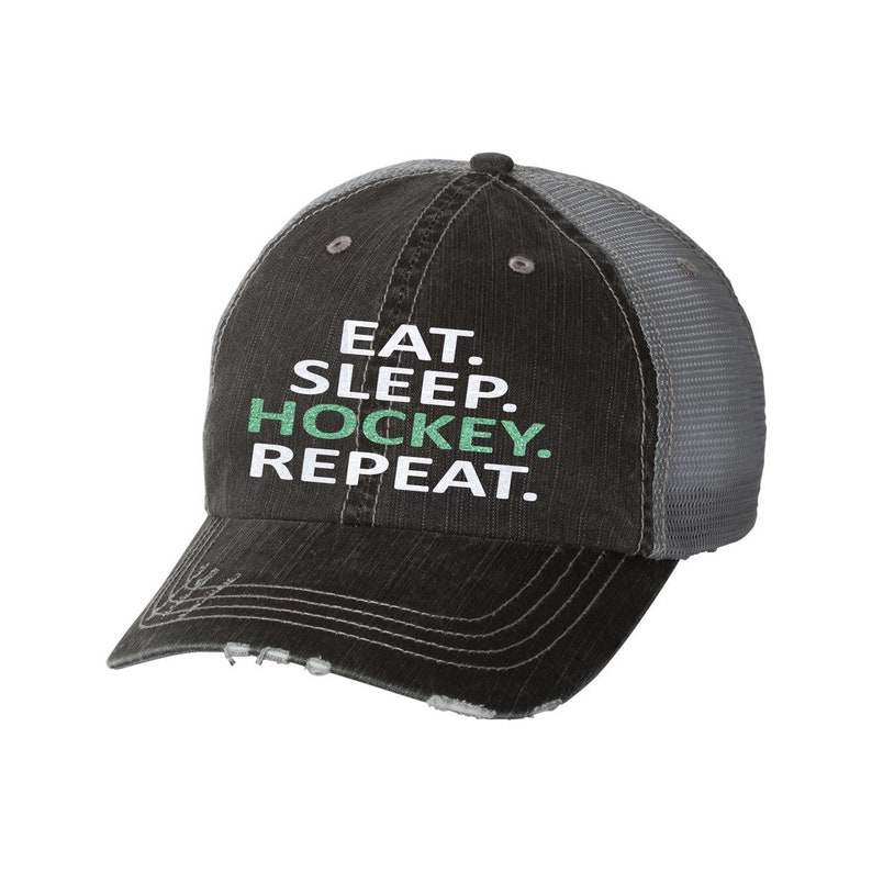 Mesh Eat Sleep Hockey Repeat Distressed Ladies Baseball Hat Trucker Sports Life Sports Mom Funny