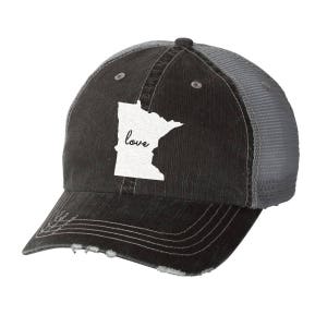 State of Minnesota Love Distressed Ladies Baseball Hat | Mesh | Trucker | State Pride | Home | MN | love