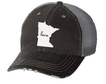 State of Minnesota Love Distressed Ladies Baseball Hat | Mesh | Trucker | State Pride | Home | MN | love