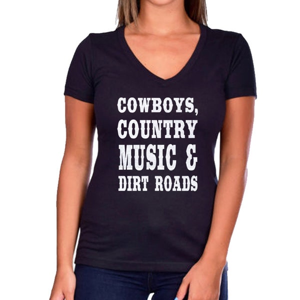 Cowboys, Country Music & Dirt Roads Glitter Short Sleeve V-Neck T-Shirt | Tee | Funny | Country | Festival | Song | Lyrics