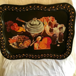 1960s Vintage Tole painted Large Tray. Coca Cola and Appetizers featured.