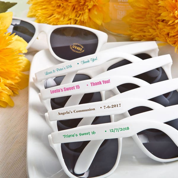 50 White Sunglasses With Personalized Label - Set of 50