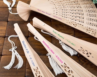 50 Intricately Carved Sandalwood Fan With Personalized Labels - Set of 50