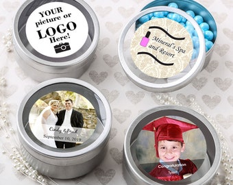 Set of 50 50 Personalized Metallic Foil Silver Metal Mint Tin With Solid Silver Metal Brushed Top
