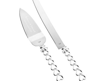 Engraved Heart to Heart Collection Silver Metal Cake Server and Knife Set