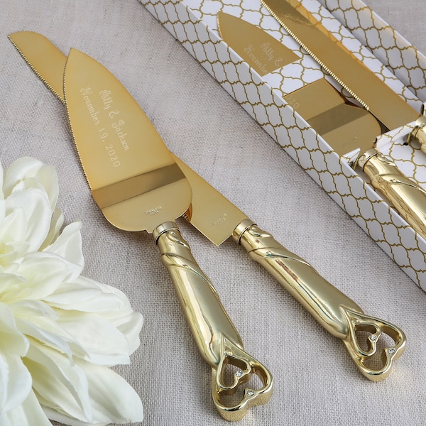 ENGRAVED GOLD HEART knife and cake server set