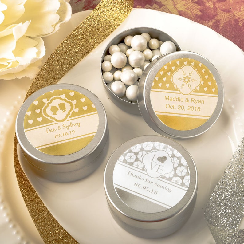 Set of 50 50 Personalized Metallic Foil Silver Metal Mint Tin With Solid Silver Metal Brushed Top