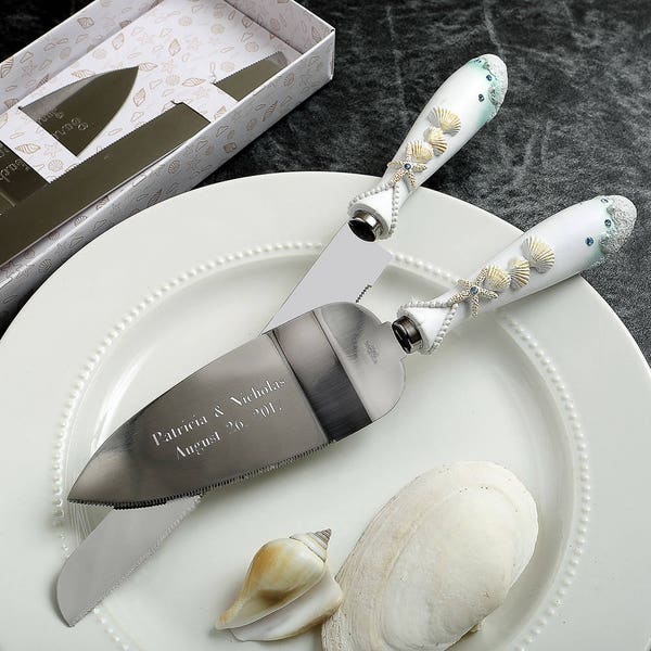 Engraved Beach Themed Wedding Cake Knife and Server Set