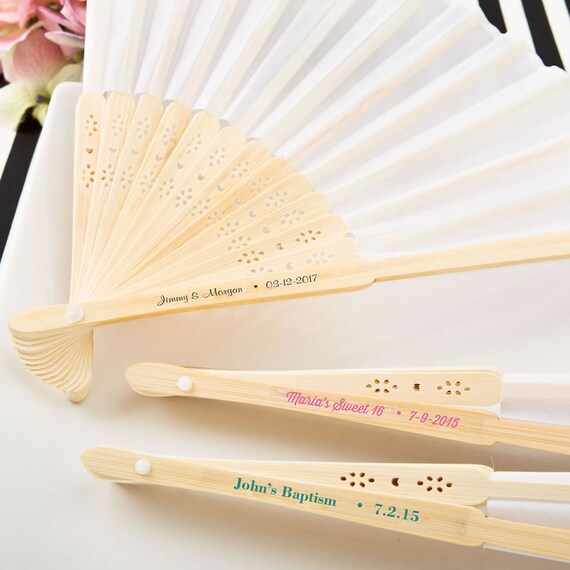 75 White Silk Folding Fan With Personalized Label Set of 75