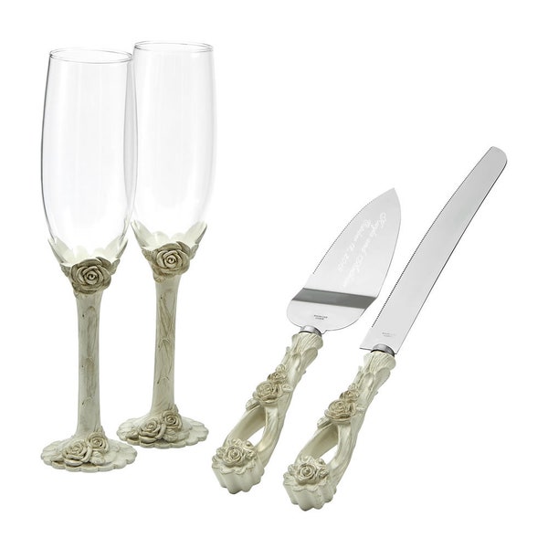 Engraved Vintage Rose Cake Serving Set and Champagne Flute Set