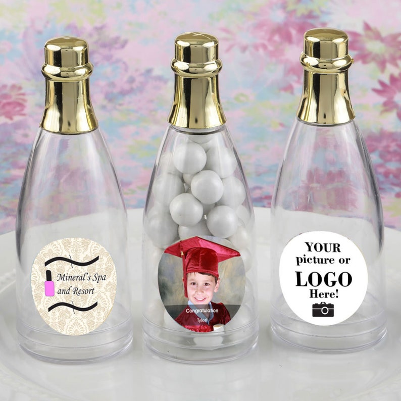 24 Personalized Custom Photo Acrylic Champagne Bottle With Gold Foil Top Set of 24