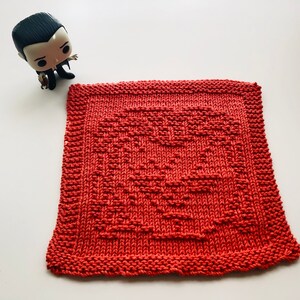 May include: A red knitted dishcloth with a square pattern.