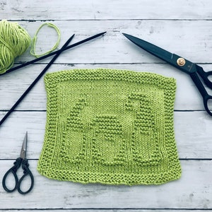 May include: A green knitted dishcloth with a textured pattern, yarn, knitting needles, and scissors on a white wooden surface.