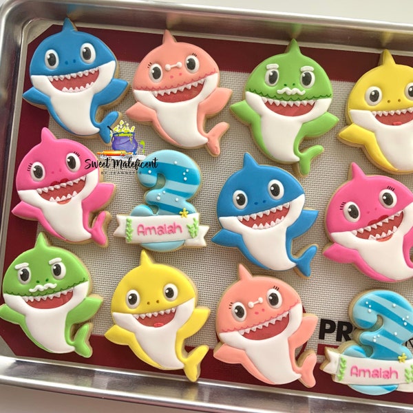 2 dozen Shark Birthday Sugar cookies •  shark party favors