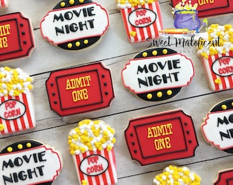 Movie Night Sugar Cookies, Popcorn, Ticket & movie sign (2 Dozen)