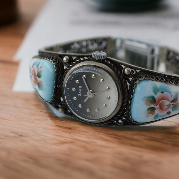 montre habillée vintage pour femme émaillée Zaria Patterns 17 bijoux montre-bracelet mécanique pour femme
