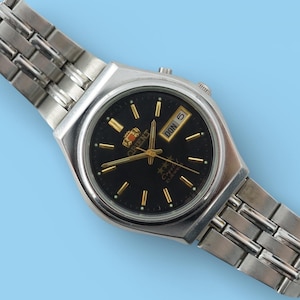 Vintage black dial automatic Japan stainless steel watch ORIENT 3 star 21 jewel mechanical wristwatch