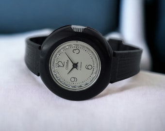 Vintage black women's dress watch, with box and papers, SLAVA 1601 17 jewels, 1990s plastic case, mechanical wristwatch USSR