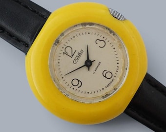 Vintage black women's dress watch, with box and papers, SLAVA 1601 17 jewels, 1990s plastic case, mechanical wristwatch USSR