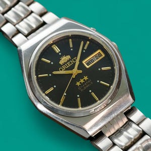 Vintage black dial automatic Japan stainless steel watch ORIENT 3 star 21 jewel mechanical wristwatch
