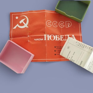 Vintage original plastic watch box and papers for watch POBEDA 2602 15 jewels 1990s