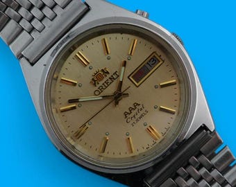 Vintage automatic Japan watch ORIENT Crystal 3 star 21 jewels mechanical wristwatch, stainless steel case, beige dial