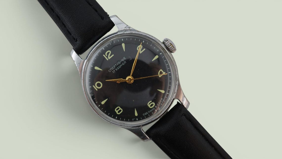 Sportivnie sports soviet military watch 1MCHZ mechanical wristwatch, black dial, civilian version of Sturmanskie, stop second, black dial, photo 2 sur 5