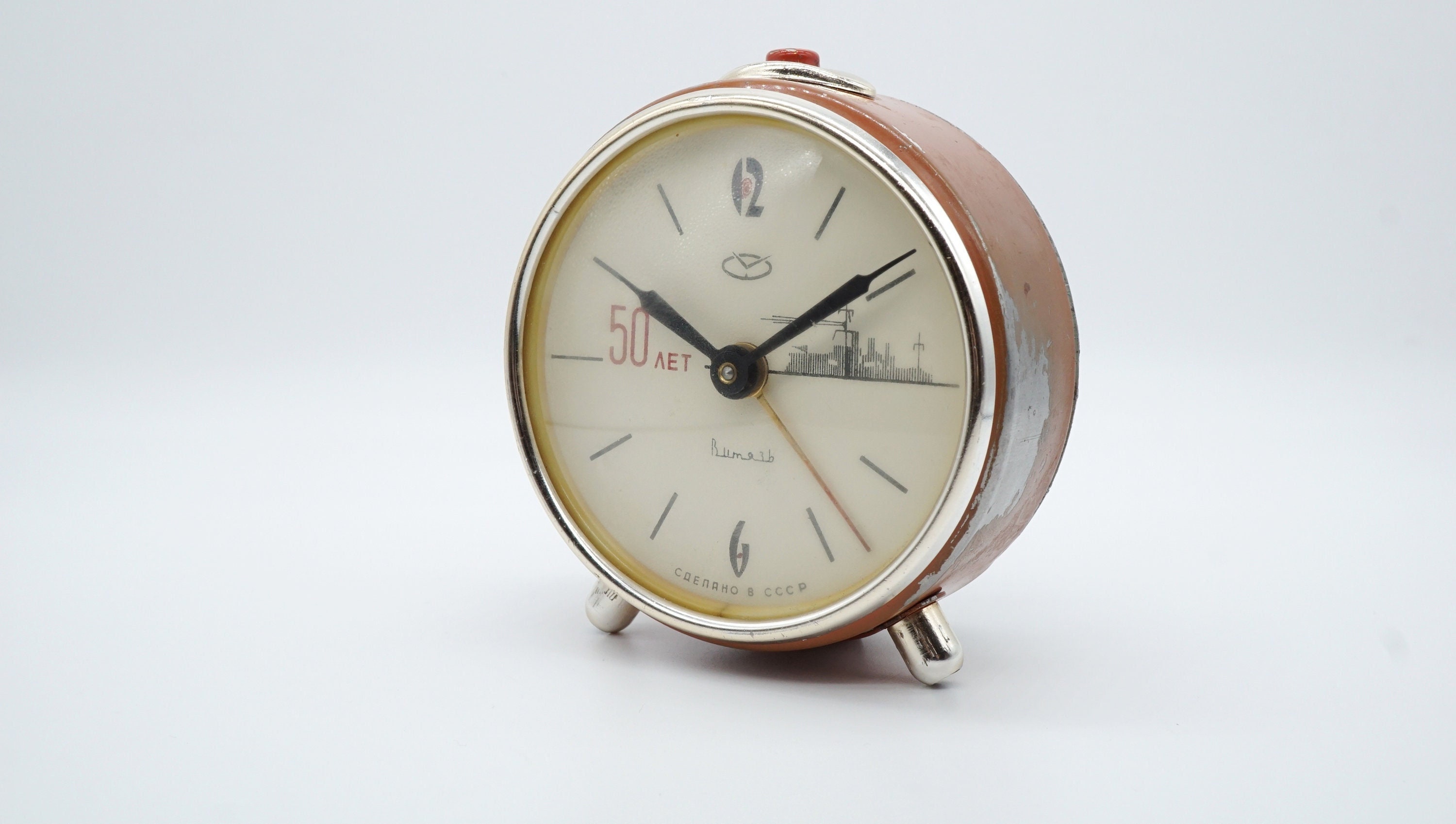 Vintage Soviet Mechanical Alarm Clock Vityaz 50 Years USSR Jubilee