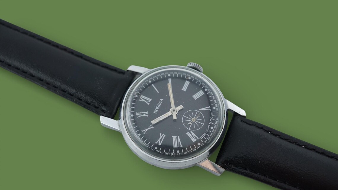 Vintage watch Pobeda cal.2602 dress watch ZIM 15 jewels soviet mechanical men's wristwatch, black dial, foto 4 di 5
